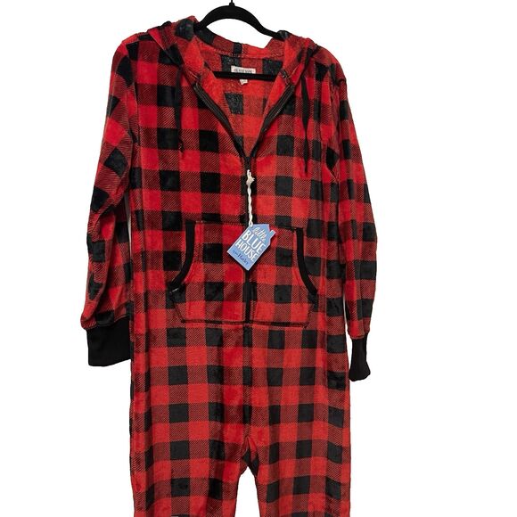 Little Blue House Pajamas Mens Womens Small Black Red Plaid One Piece Hooded Zip - Picture 3 of 5